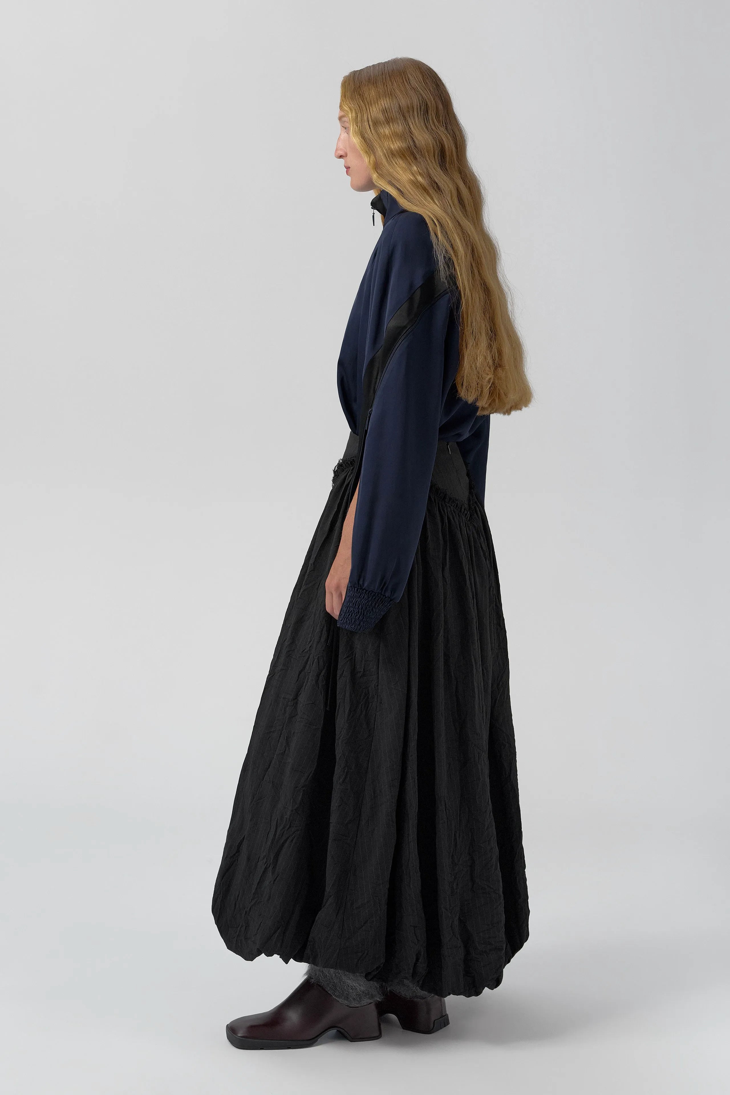 Bronte Black And Grey Crush Pinstripe Puff Skirt  | Miista | Designed & Handmade in Europe